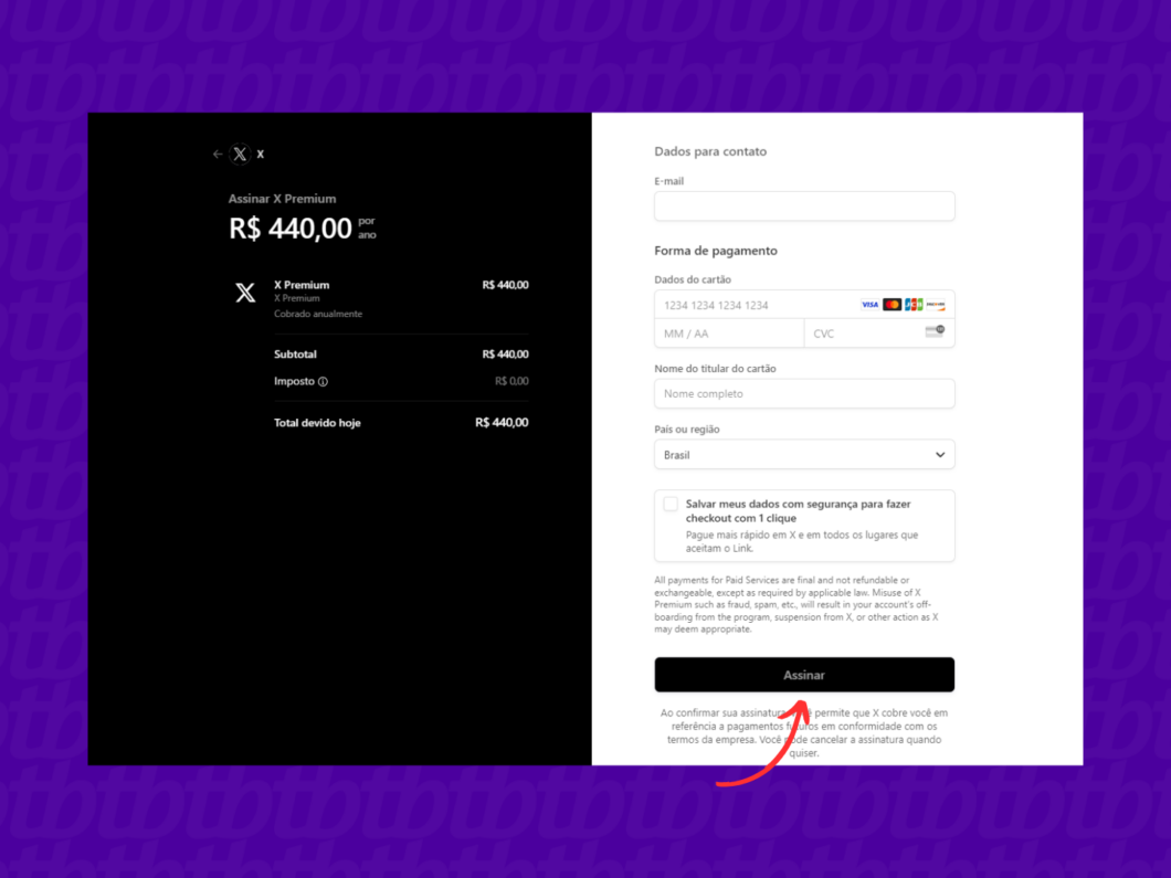Informando os dados de pagamento para a assinatura X Premium