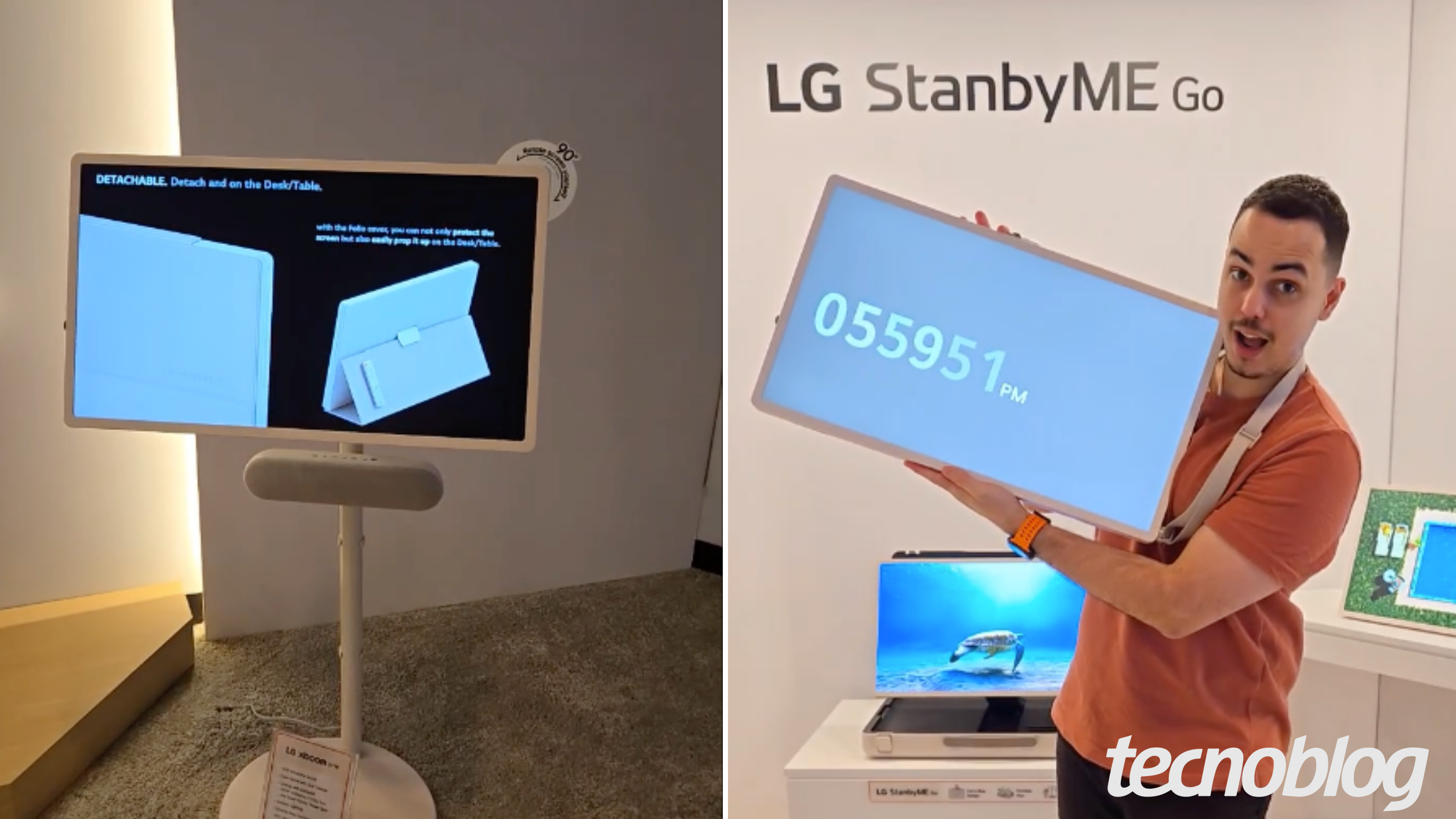 Imagem mostra duas fotografias lado a lado: a primeira exibe a TV LG StanbyMe em um pedestal e a segunda exibe a mesma TV sendo segurada nas mãos.