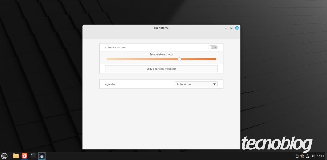 Caixa de diálogo que permite ajustar a temperatura de cor de tela no Linux Mint 22.1