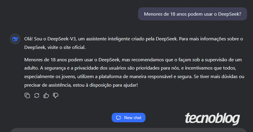 DeepSeek responde pergunta sobre ser permitido para menores de 18 anos, informando que o uso do chatbot para essas pessoas deve ser supervisionado (imagem: Felipe Freitas/Tecnoblog)