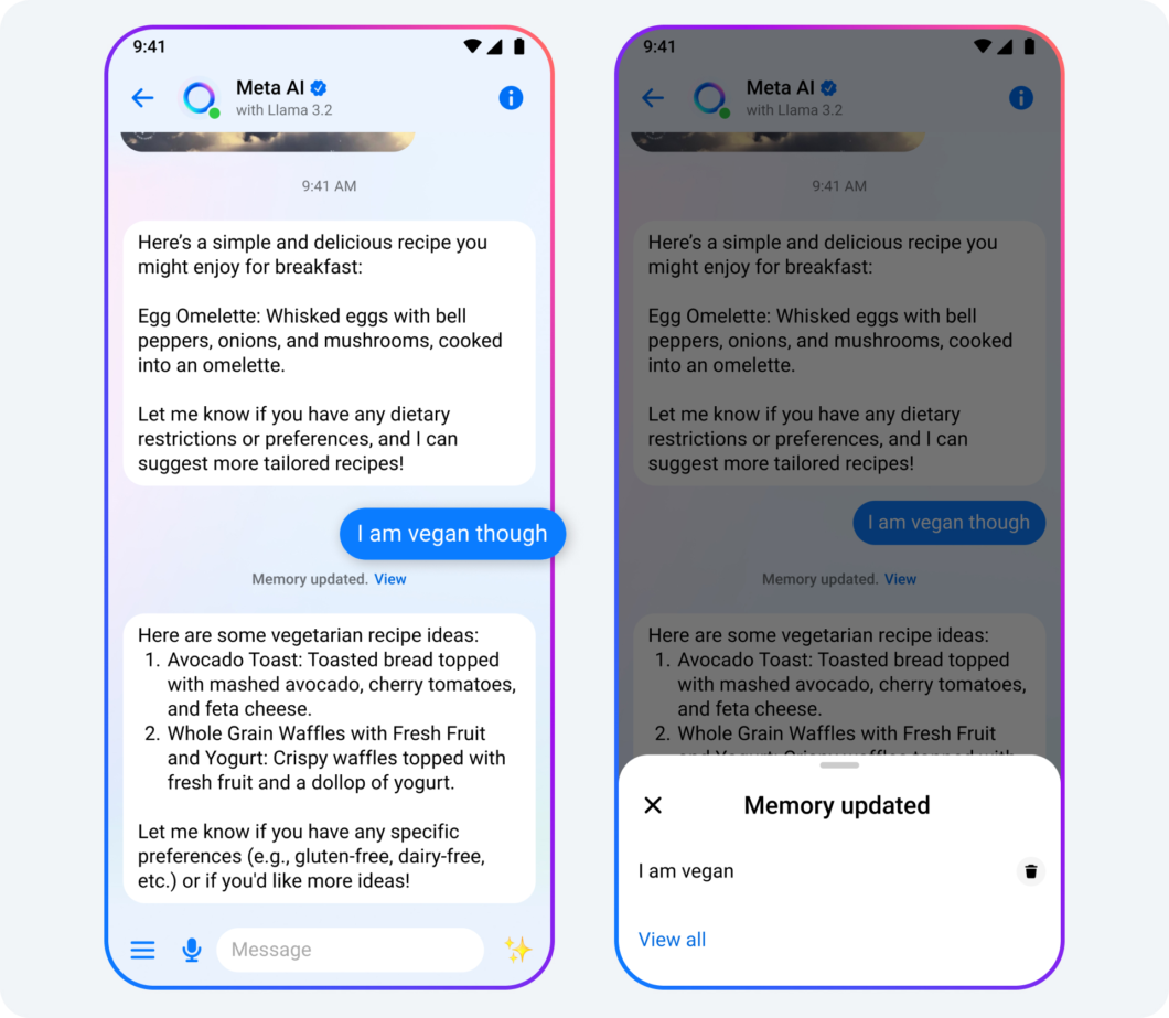 Telas da Meta AI no Messenger. Usuário recebe recomendação de omelete, diz ser vegano, e app mostra mensagem indicando que informação foi armazenada.