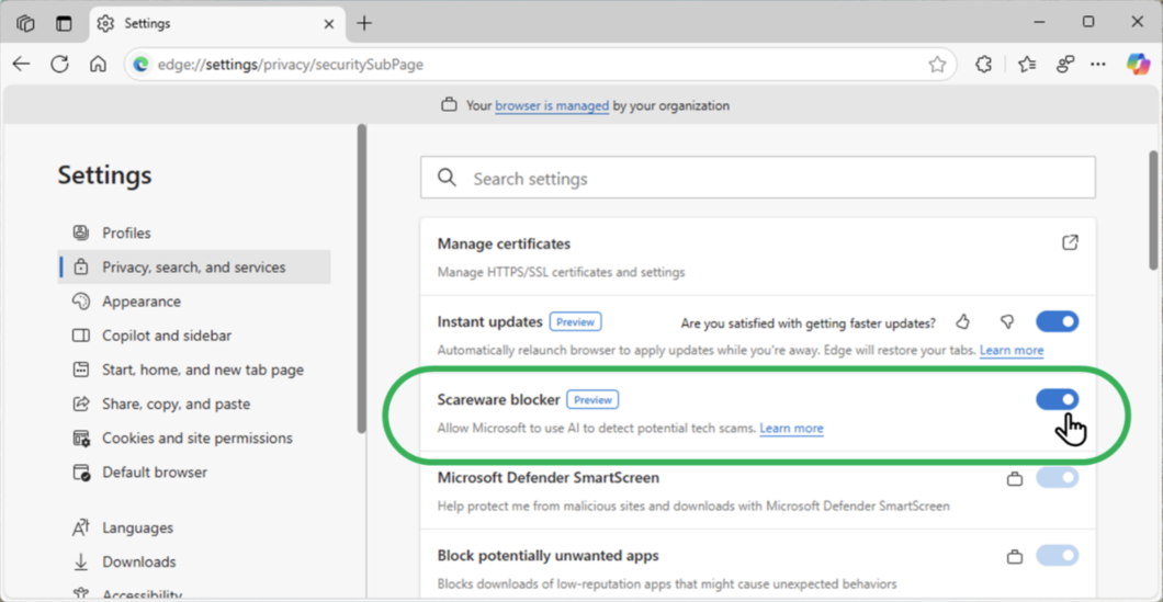 Tela de configurações do Edge no submenu "Privacy, search and services" com a opção "Scareware blocker" em destaque