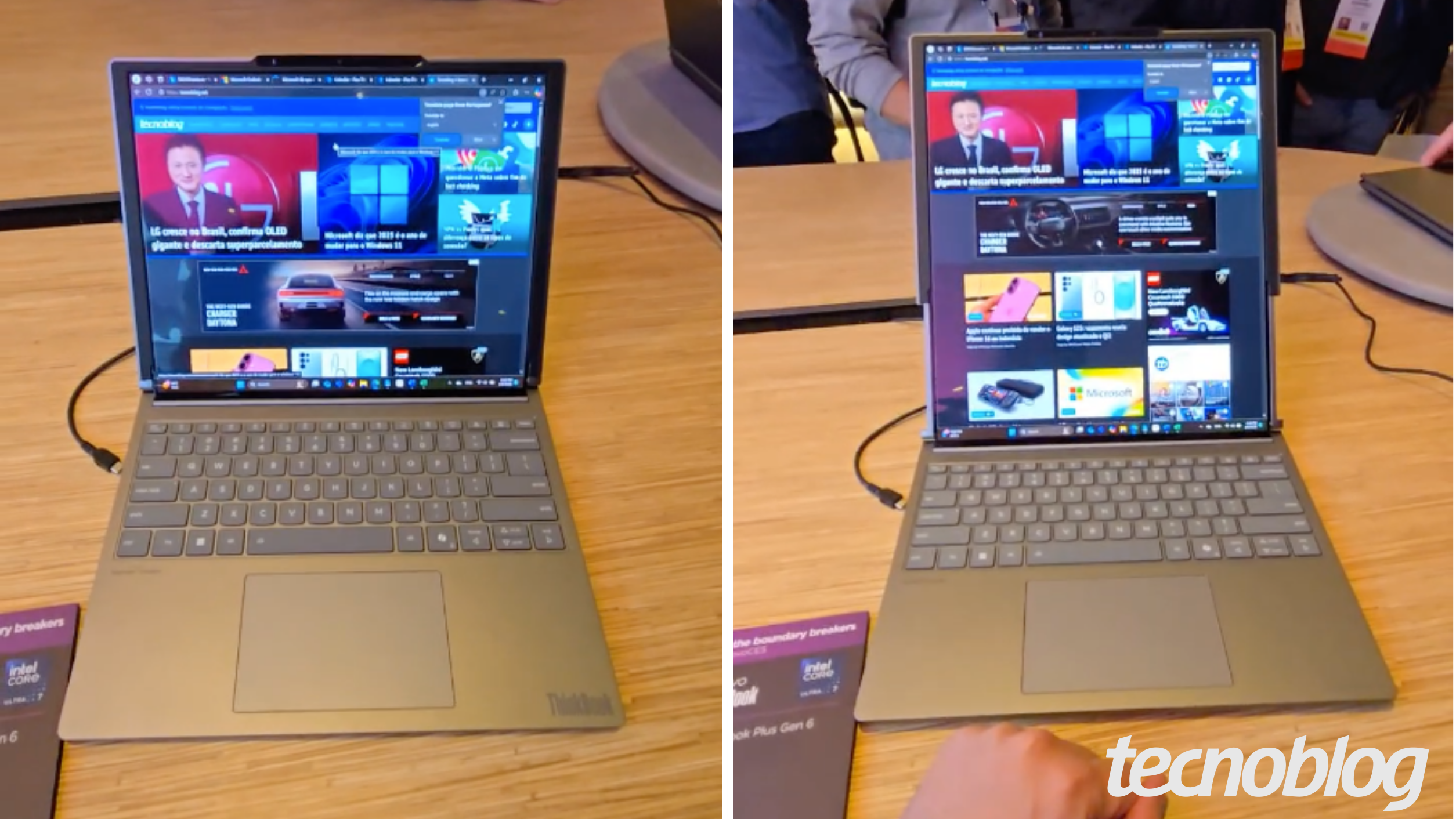 Imagem mostra o notebook Lenovo Rollable: primeiro com a tela em formato normal e, em seguida, com a tela expandida para cima.