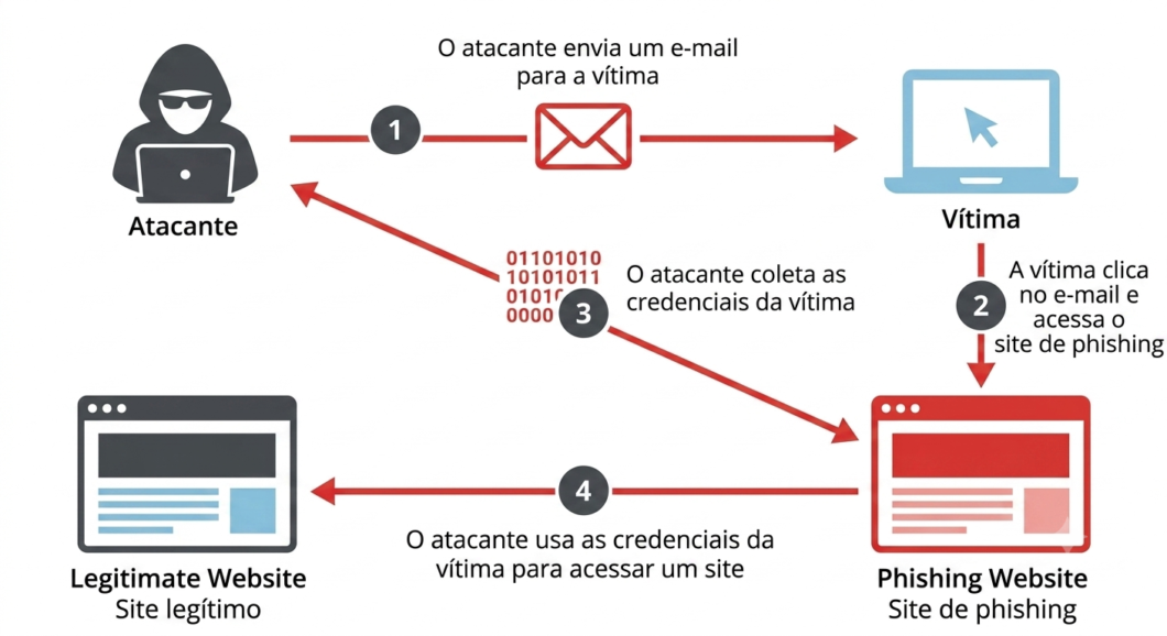 Esquema do funcionamento do e-mail phishing, com etapas do atacante, link e roubo de credenciais na página falsa