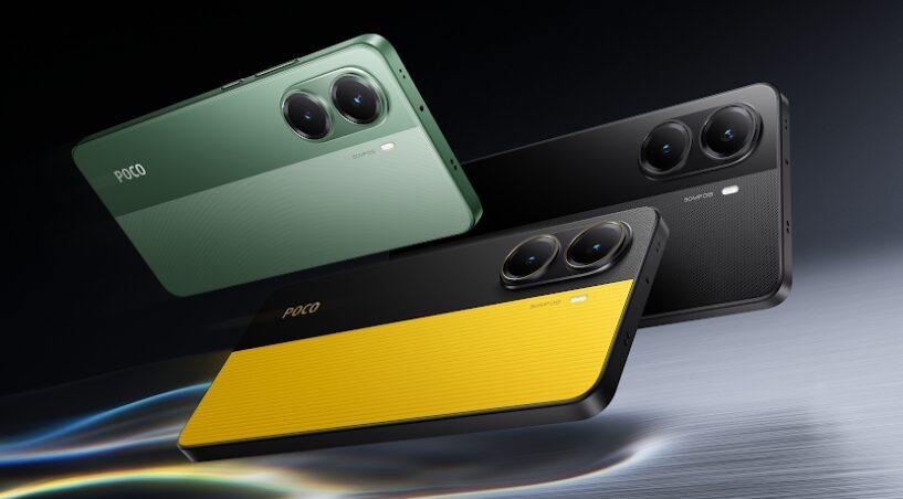 Imagem mostra três modelos do celular Poco X7 Pro da Xiaomi: um preto, um verde, e um preto e amarelo.