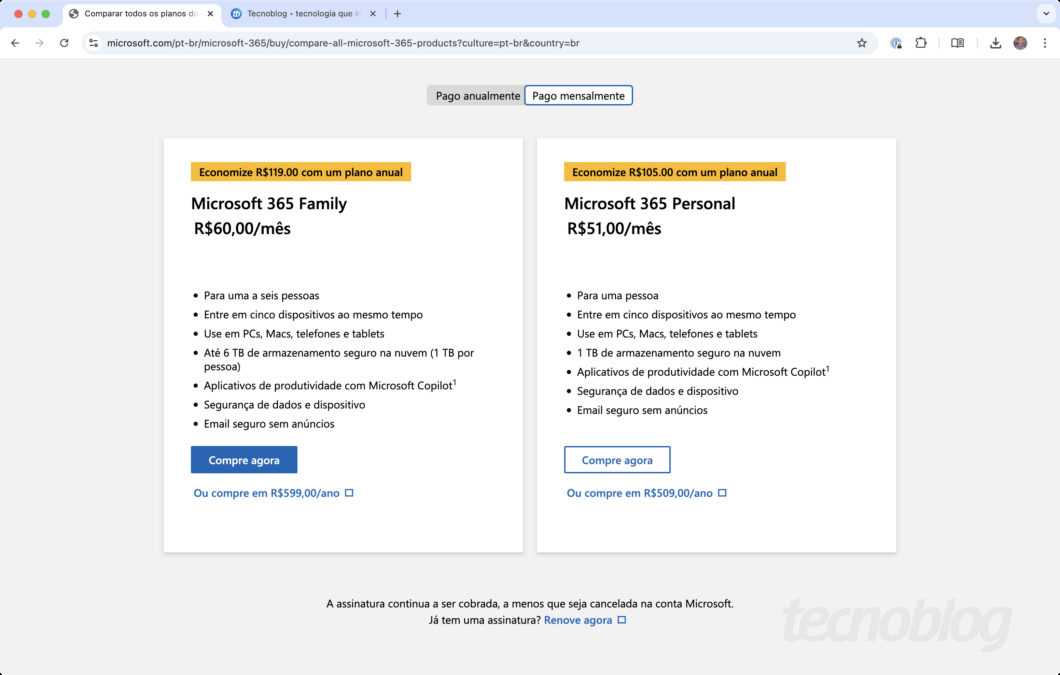 Print do site da Microsoft com tabela que informa características de dois planos