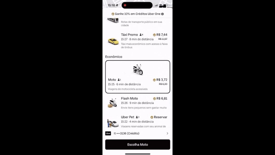 Opção de moto no aplicativo da Uber