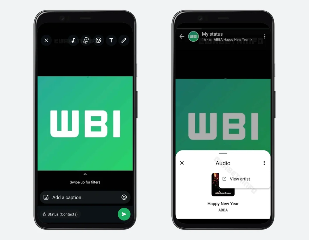 Interface da ferramenta de adicionar música a um Status do WhatsApp (Imagem: Reprodução/WABetaInfo)