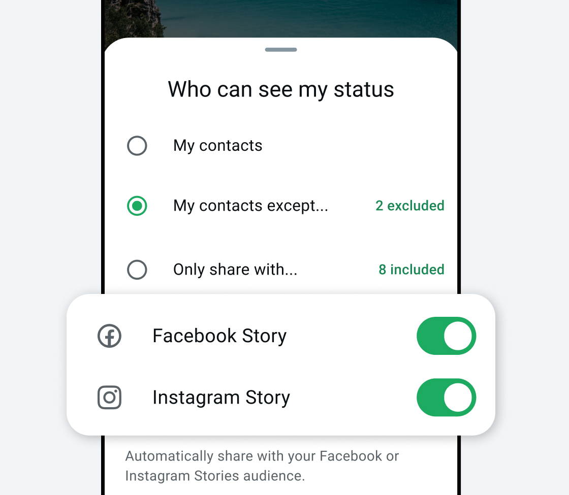 Tela do WhatsApp na publicação de Status, com destaque para dois botões para publicar o mesmo conteúdos nos Stories do Instagram e do Facebook