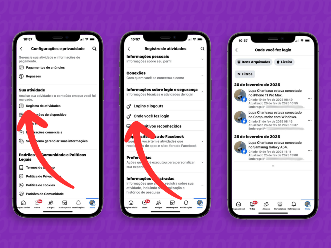 O menu "Onde você fez login" permite ver todos os dispositivos conectados a sua conta do Facebook