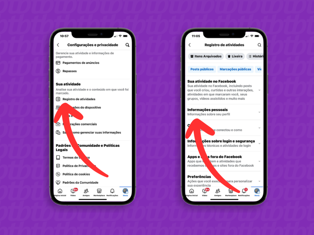 Revise os detalhes das suas ações e informações pessoas no menu "Registros de atividades" do Facebook