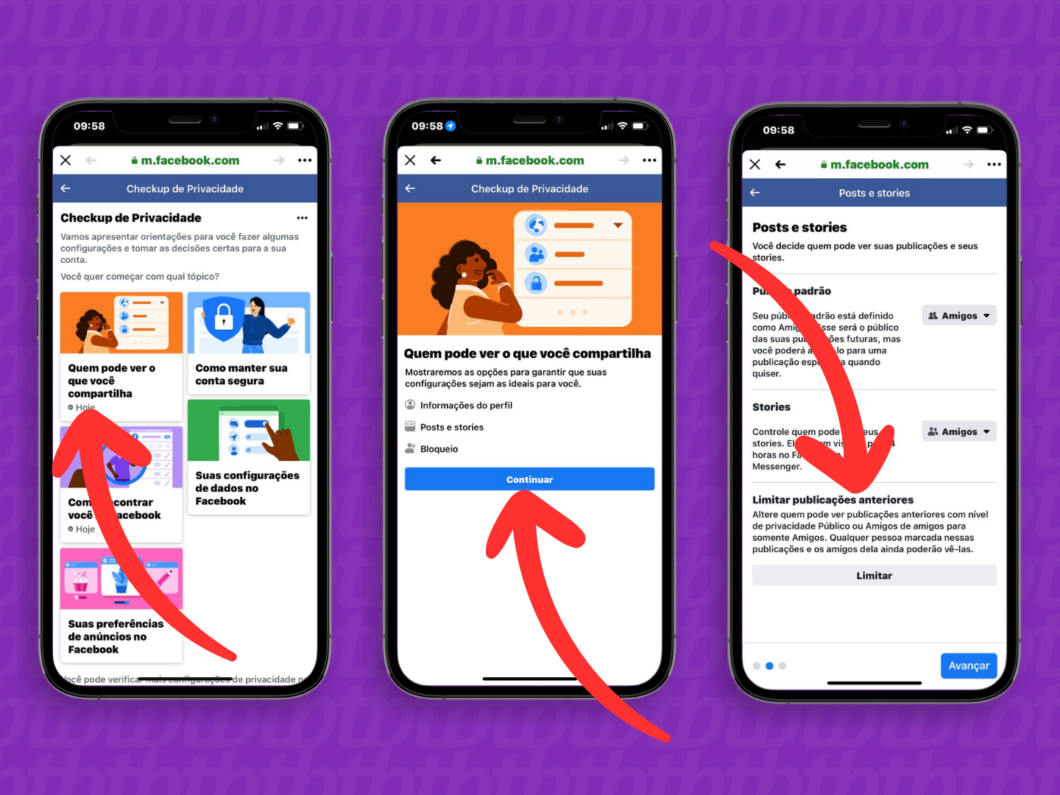Limitando a visibilidade de publicações antigas pelo Checkup de privacidade do Facebook