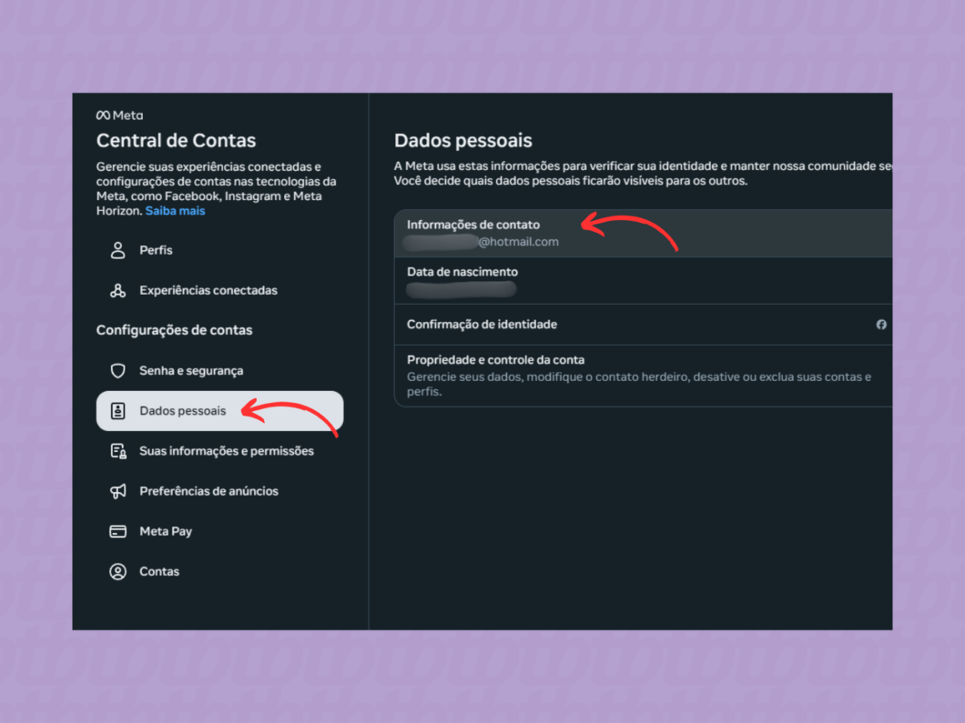 Abrindo as informações de contato da conta Facebook