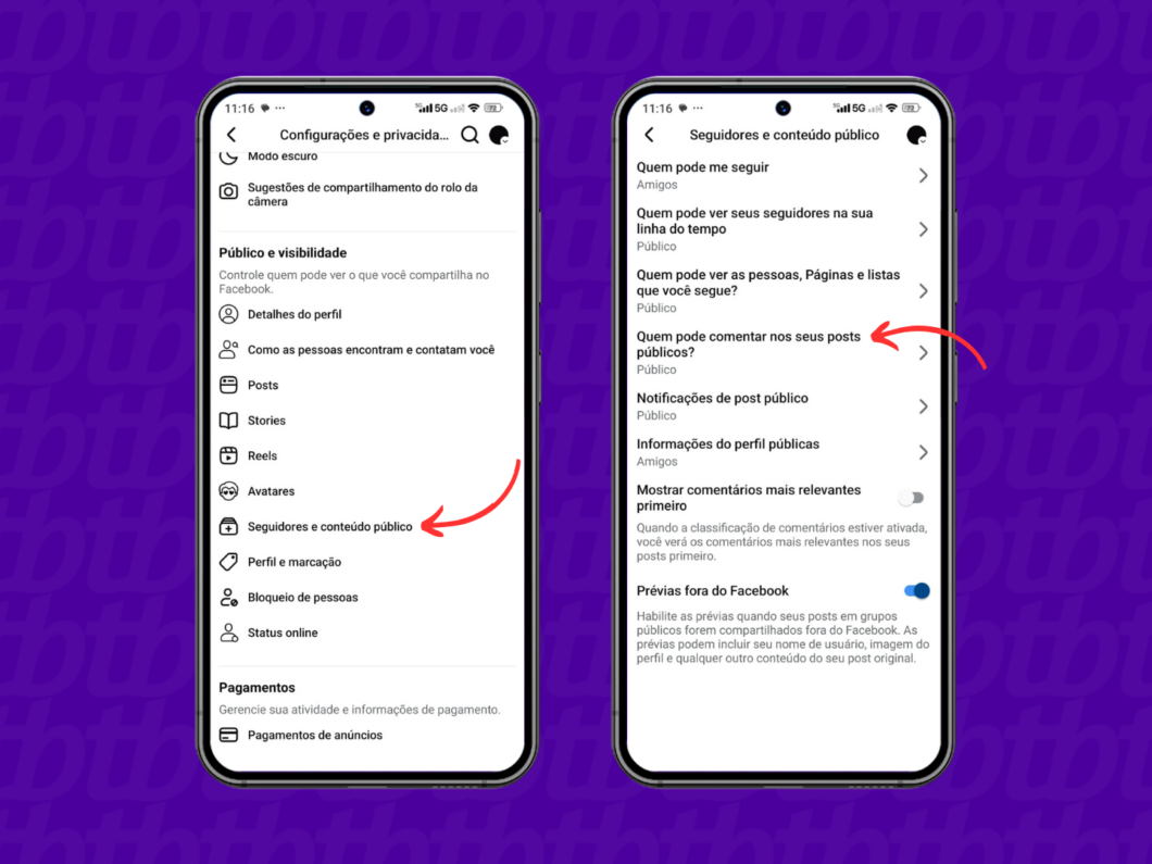 Acessando a privacidade de comentários em posts públicos do Facebook