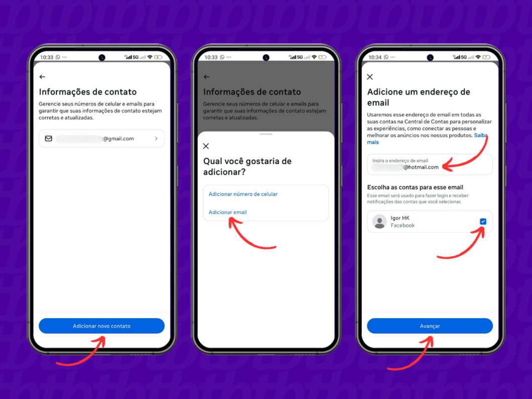 Adicionando um novo e-mail à conta do Facebook