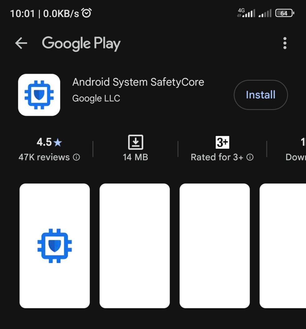 Captura de tela mostra a aba do aplicativo Android Systema SafetyCore aberta na Google Play do Android.