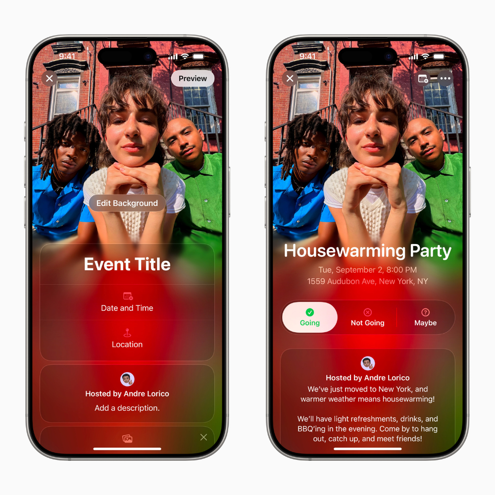 Duas telas do Apple Convites. Na primeira, o usuário deve preencher título do evento, hora, local e descrição. Na segunda, aparecem as informações e botões para responder sim, não ou talvez.