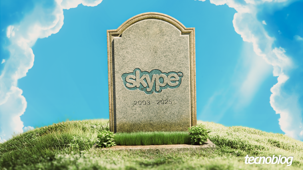 Arte mostra uma lápide com o logo do Skype ao centro. Abaixo, está "2003 - 2025", sinalizando o tempo em que o software funcionou.