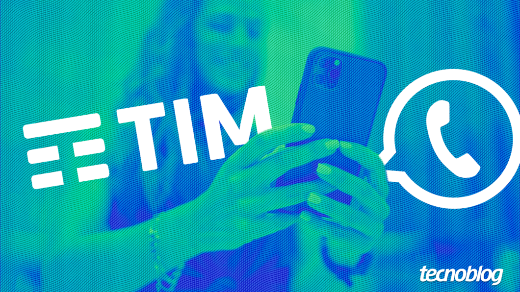 Ilustração das marcas da TIM e do WhatsApp próximas de uma pessoa usando o celular