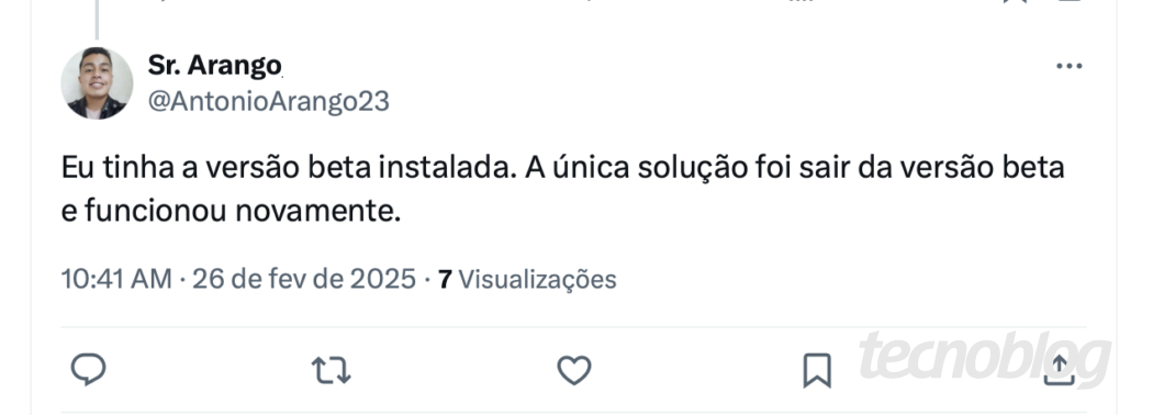 Print de post no X que diz:

"Eu tinha a versão beta instalada. A única solução foi sair da versão beta e funcionou novamente."