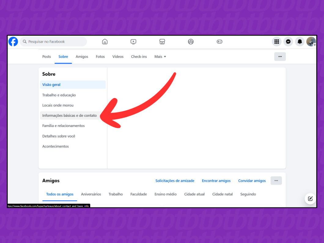 Captura de tela do site Facebook mostra como acessar a guia Informações básicas e de contato