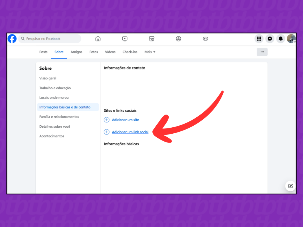 Captura de tela do site Facebook mostra como acessar a opção Adicionar um link social