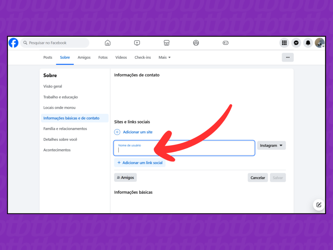 Captura de tela do site Facebook mostra como inserir o nome de usuário do Instagram