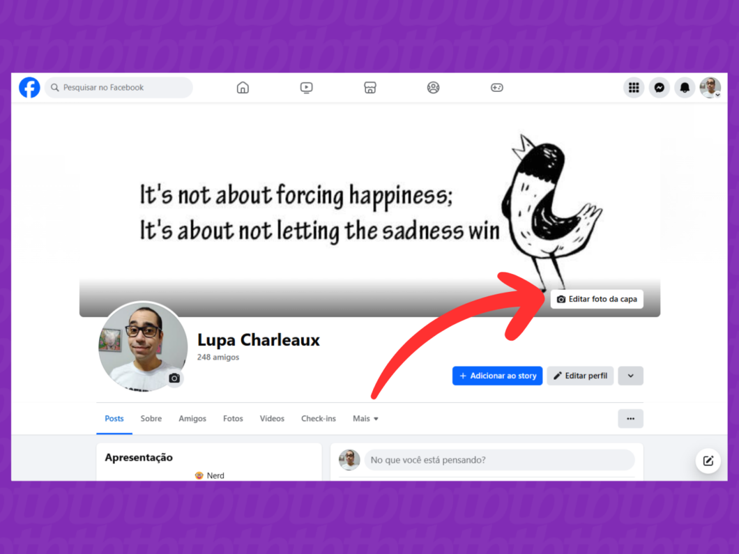 Captura de tela do site Facebook indica como acessar a opção "Editar foto da capa"
