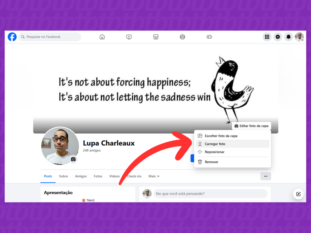Captura de tela do site Facebook indica como acessar a opção "Carregar foto"