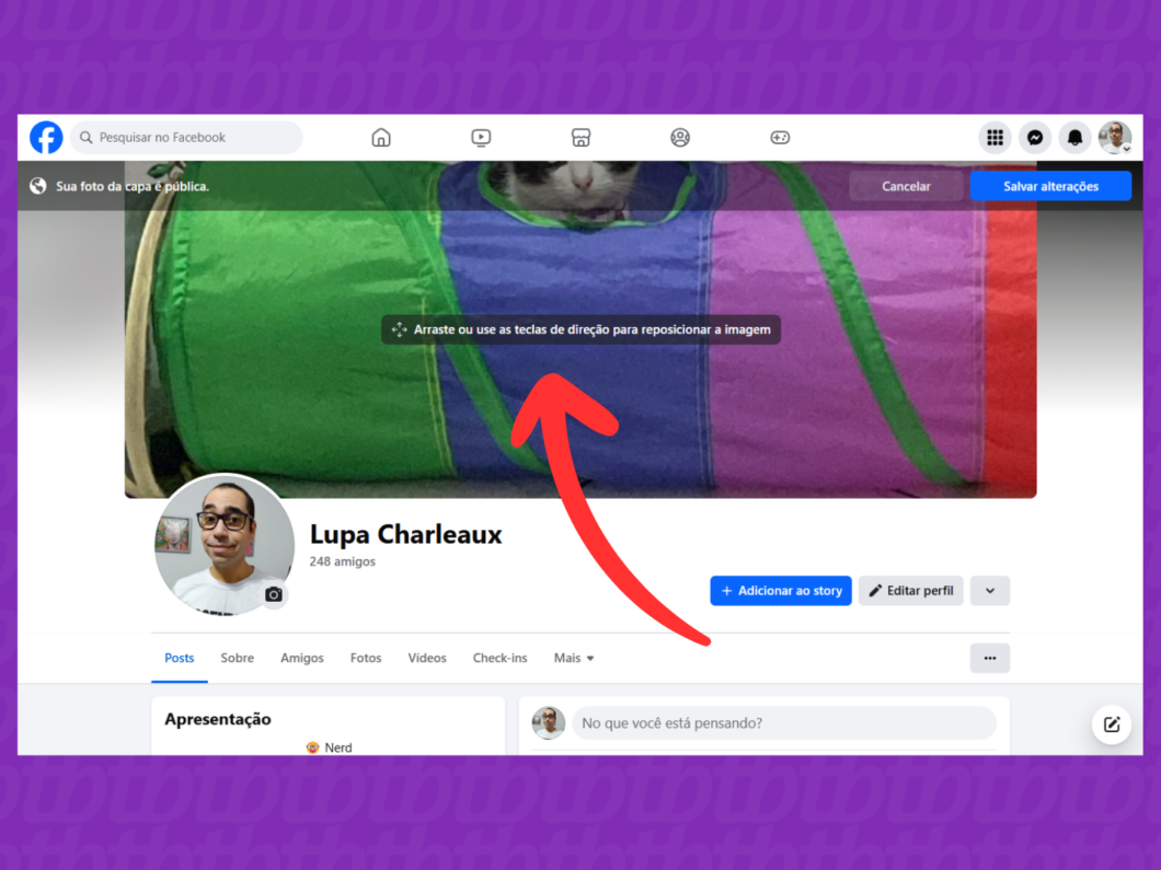 Captura de tela do site Facebook indica como ajustar a capa do perfil