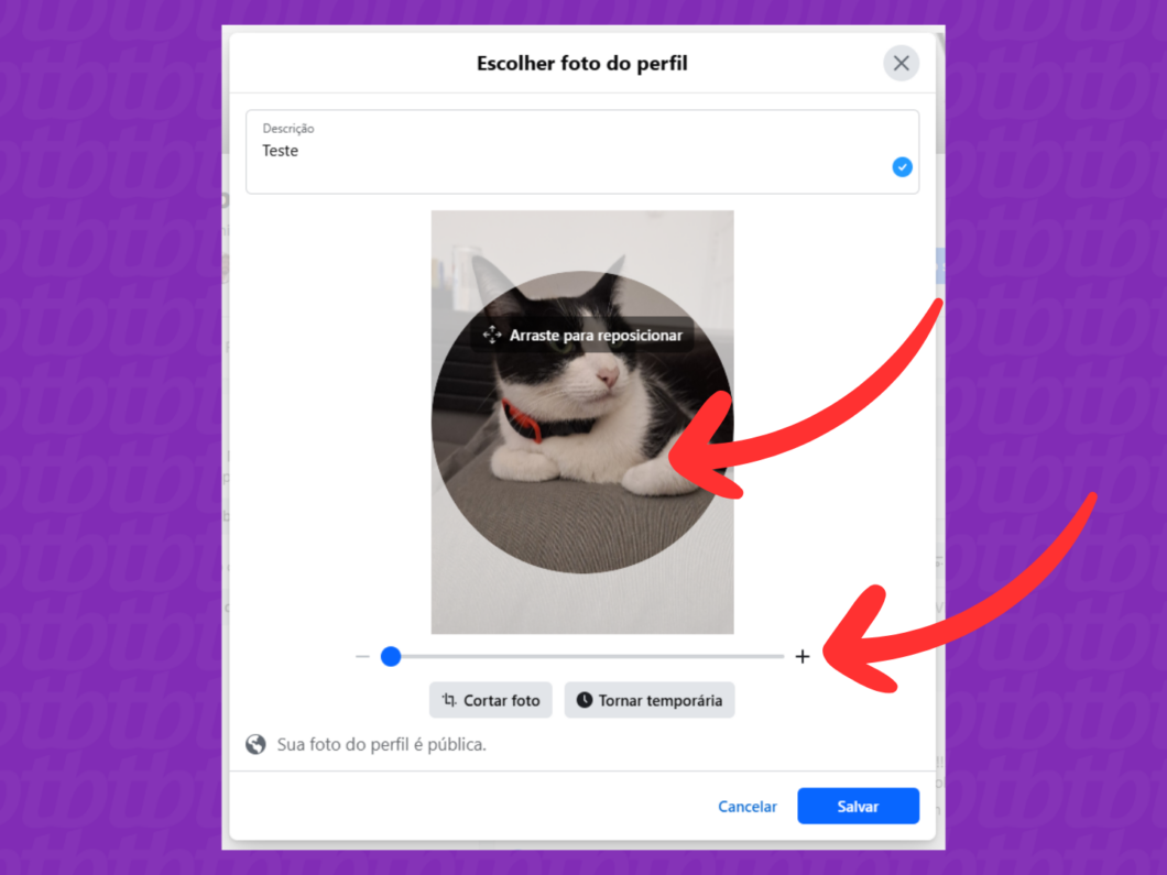 Captura de tela do site Facebook mostra como ajustar a foto de perfil