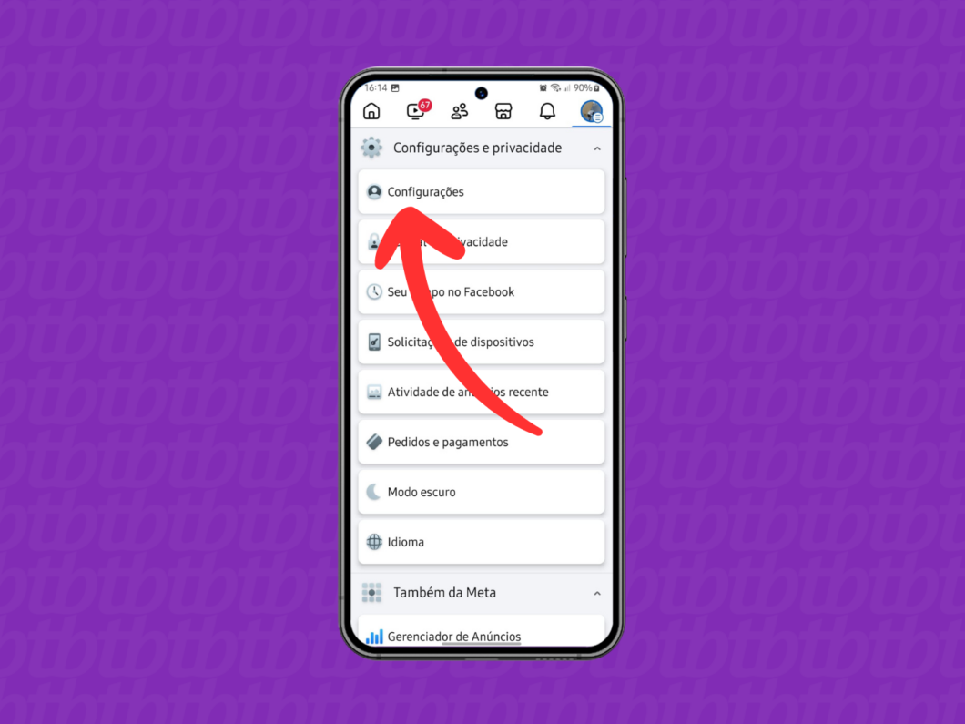 Captura de tela do app Facebook no Android mostra como abrir o menu Configurações