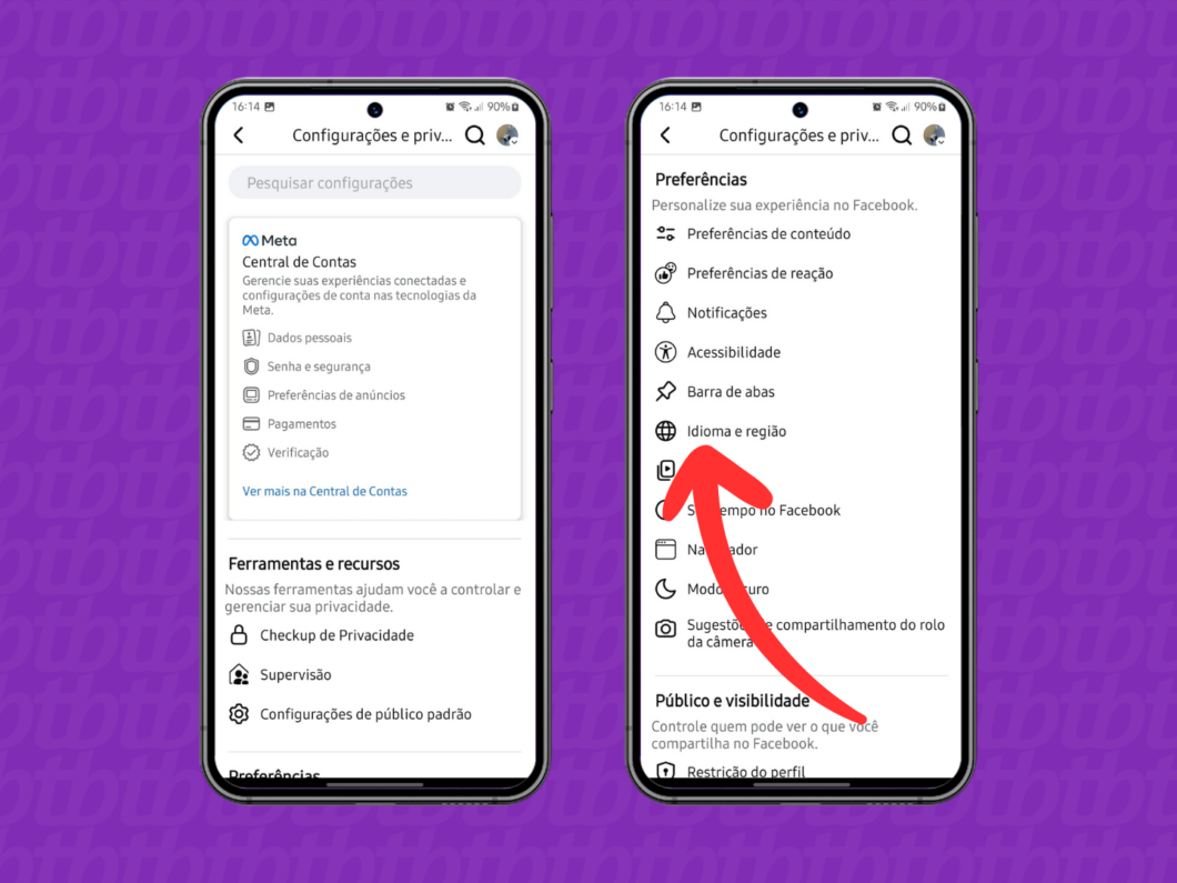 Captura de tela do app Facebook no Android mostra como abrir o menu Idioma e região