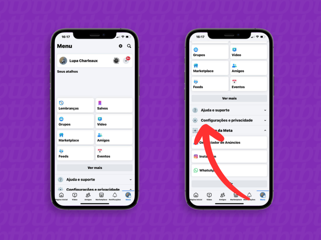 Captura de tela do app Facebook no iPhone mostra como abrir o menu Configurações e privacidade