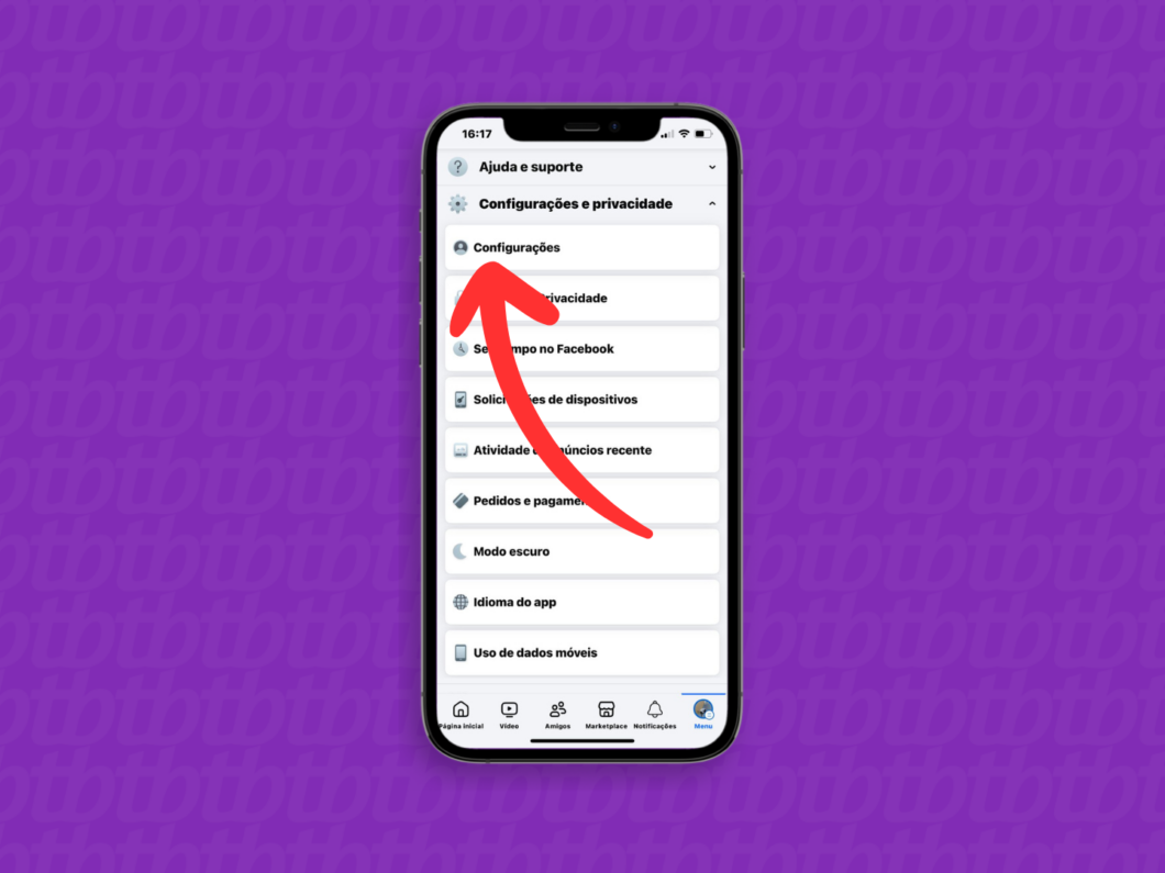 Captura de tela do app Facebook no iPhone mostra como abrir o menu Configurações