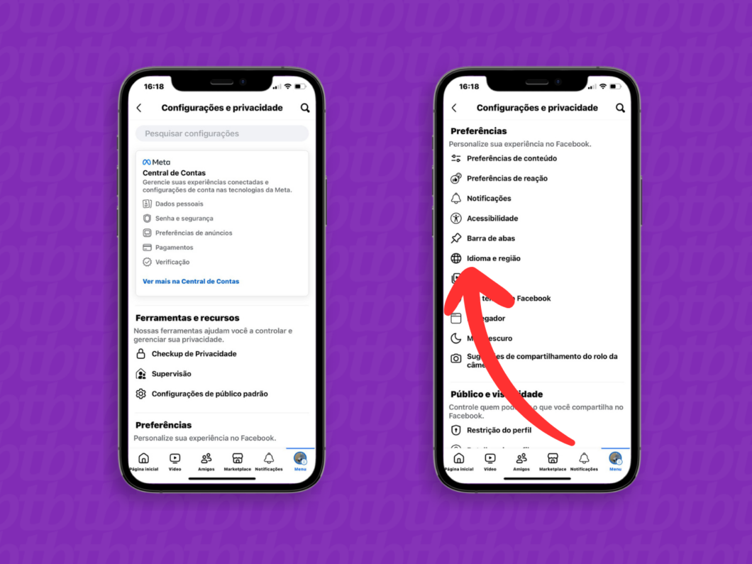 Captura de tela do app Facebook no iPhone mostra como abrir o menu Idioma e região