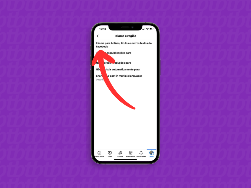 Captura de tela do app Facebook no iPhone mostra como acessar a opção Idioma para botões, títulos e outros textos