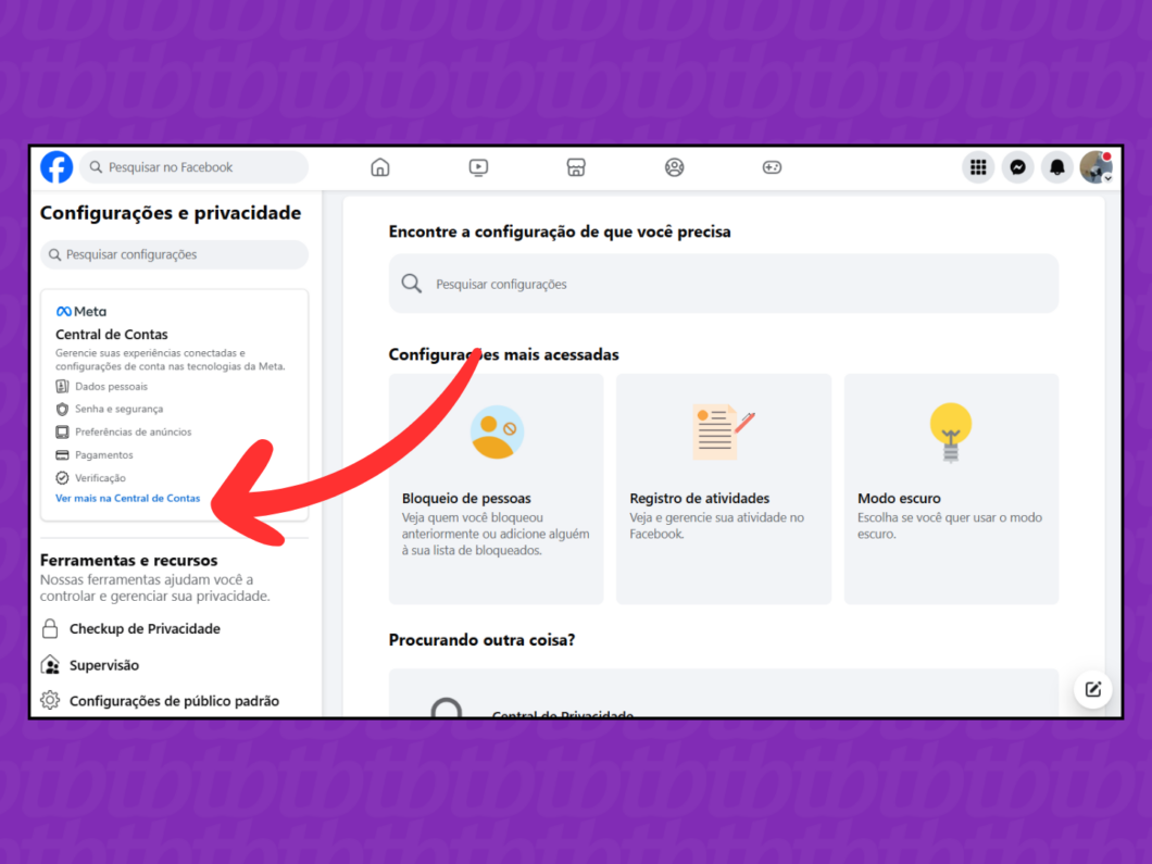 Captura de tela do site Facebook mostra como acessar a Central de Contas