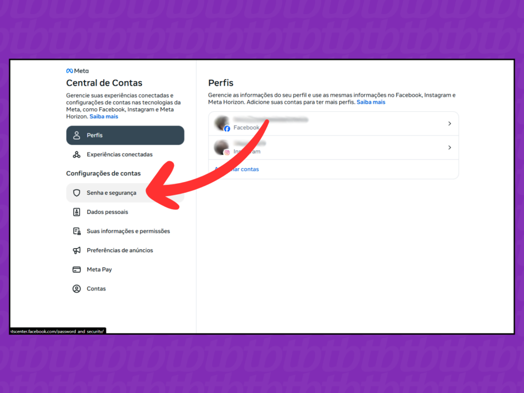 Captura de tela do site Facebook mostra como acessar o menu Senha e Segurança