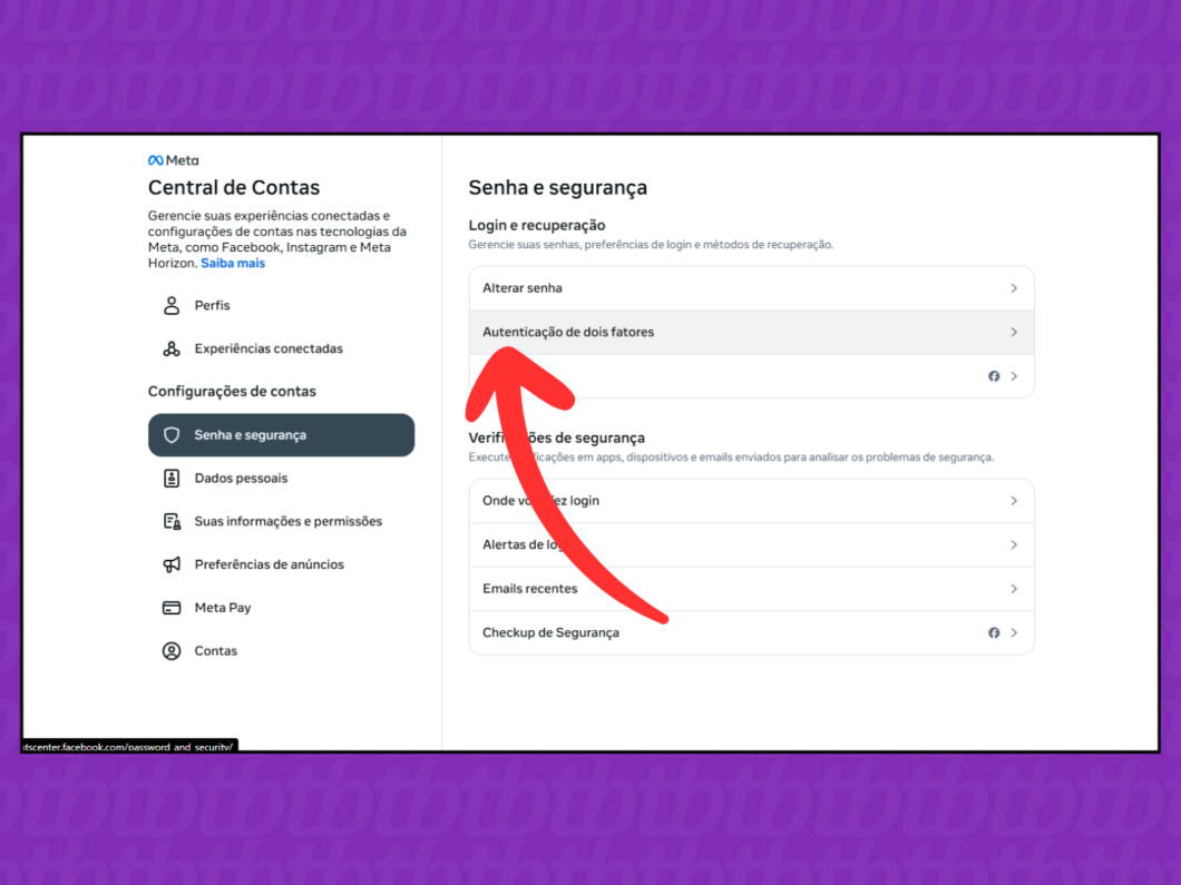 Captura de tela do site Facebook mostra como acessar o menu Autenticação de dois fatores