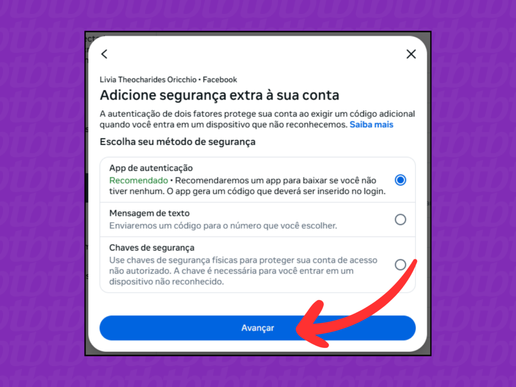 Captura de tela do site Facebook mostra como selecionar o método de segurança de autenticação de dois fatores
