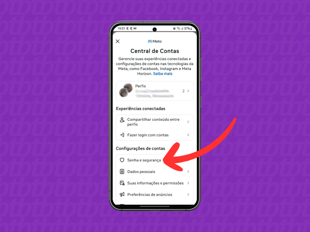 Captura de tela do app Facebook mostra como acessar o menu Senha e Segurança