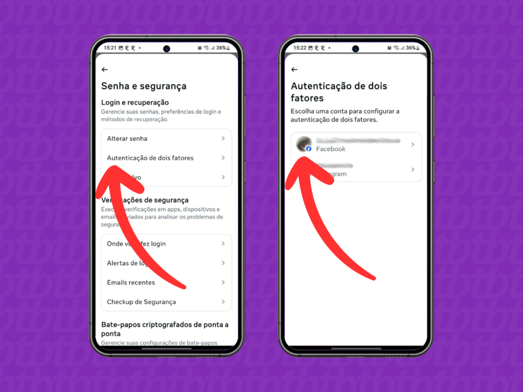 Captura de tela do app Facebook mostra como acessar o menu Autenticação de dois fatores e selecionar o perfil