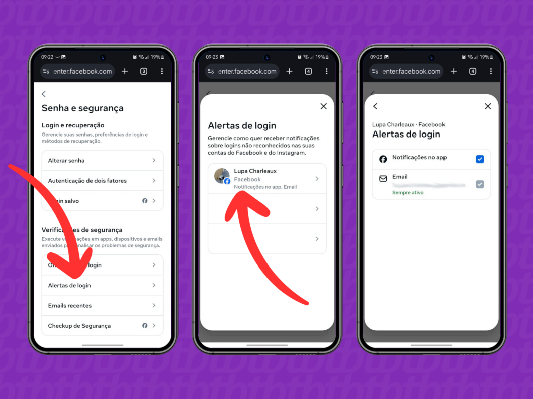 Captura de tela da Central de Contas da Meta mostra como acessar a opção "Alertas de login"