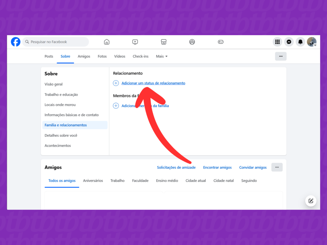 Captura de tela do site Facebook mostra como abrir o menu Adicionar um status de relacionamento