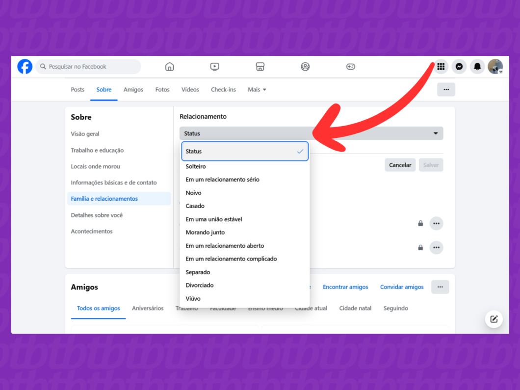 Captura de tela do site Facebook mostra como selecionar o status de relacionamento