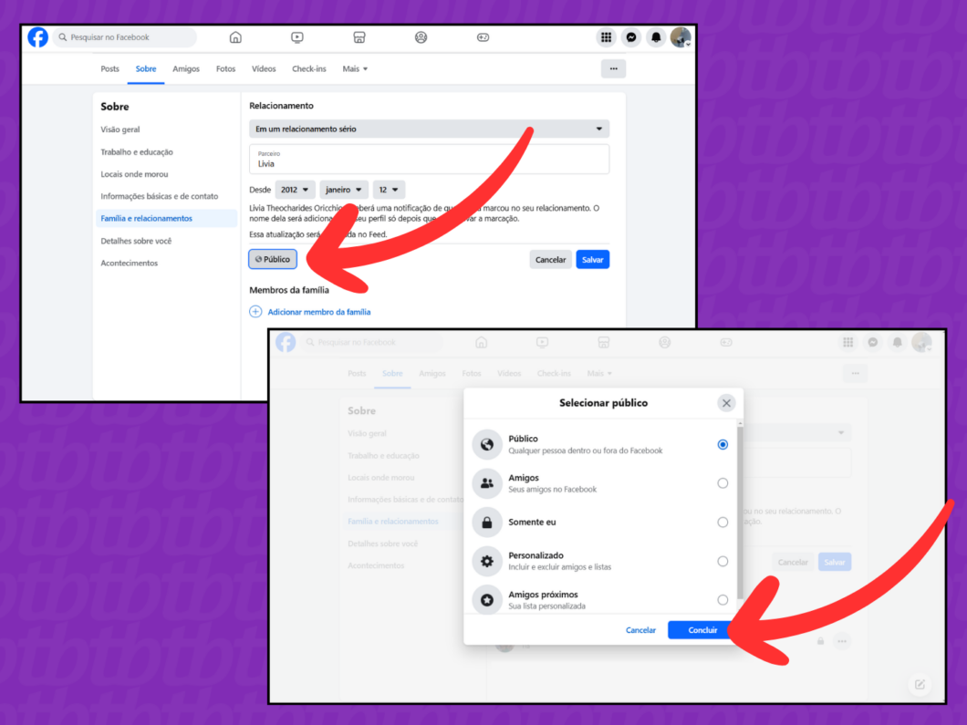 Captura de tela do site Facebook mostra como selecionar o público que pode ver as informações de relacionamento