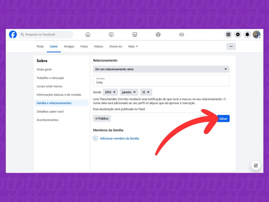 Captura de tela do site Facebook mostra como salvar as informações de relacionamento