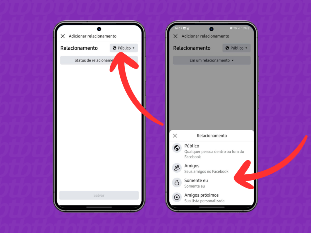 Captura de tela do aplicativo Facebook mostra como selecionar o público que pode ver a atualização de relacionamento