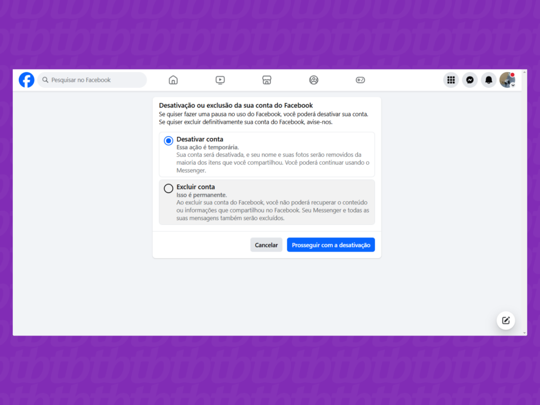 Tela inicial da página de desativação ou exclusão da conta do Facebook